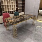 Branching Gold Leg Dining Table with Dark Gold-Veined Marble Top